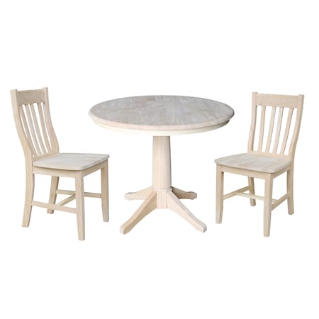 International Concepts Round 36 in Round Top Pedestal Table, with 2 Cafe Chairs, Unfinished, 36 in W, 36 in L, 29.9 in H K-36RT-27B-C61-2